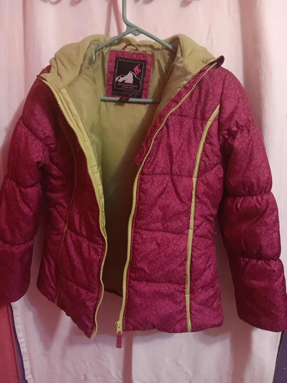 Kids Puffy Winter Jacket - Pink with Lime Trim